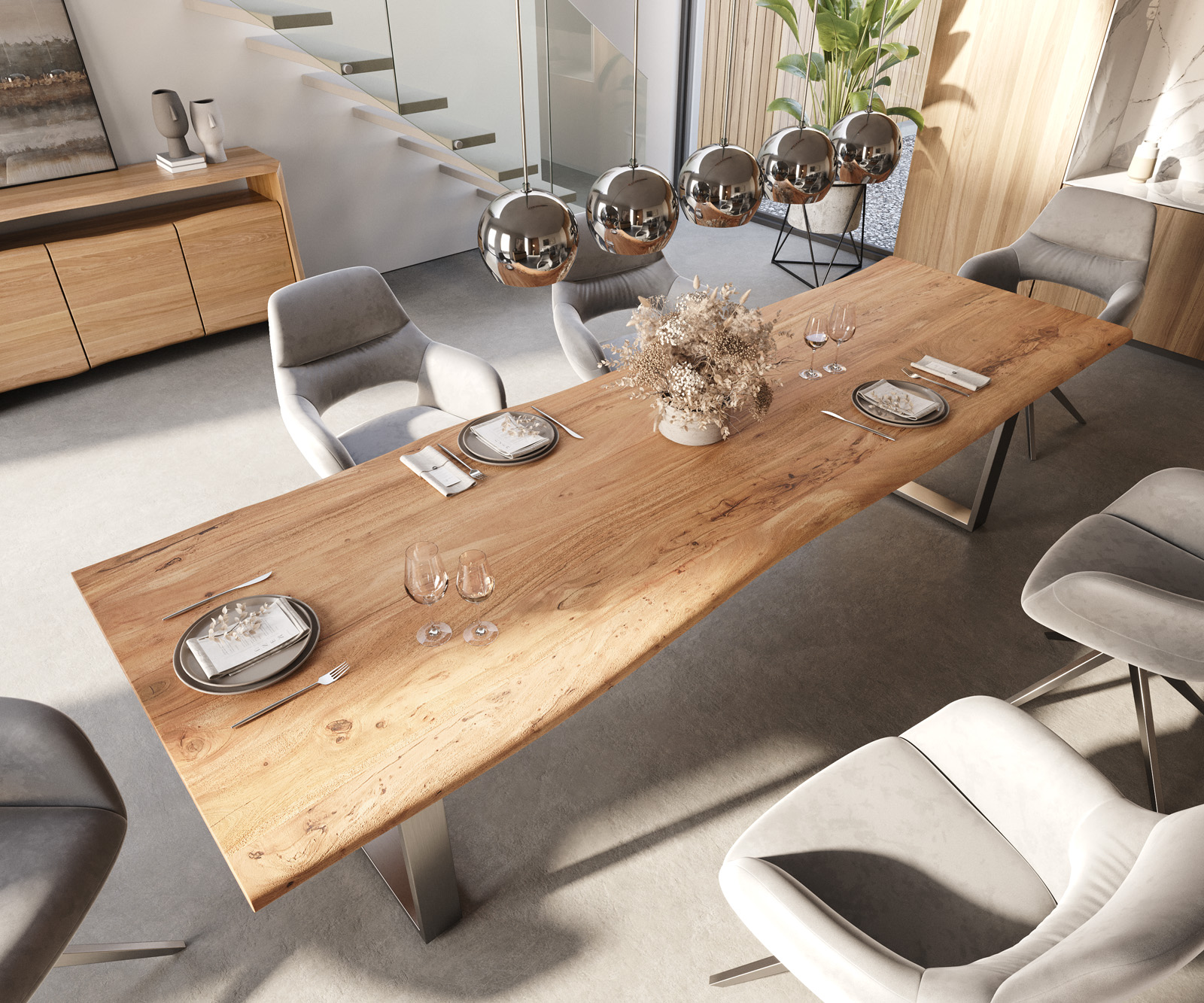 Jedálenský stôl Edge 300x100 akácia prírodná nerezová oceľ úzky Live-Edge - Image 5