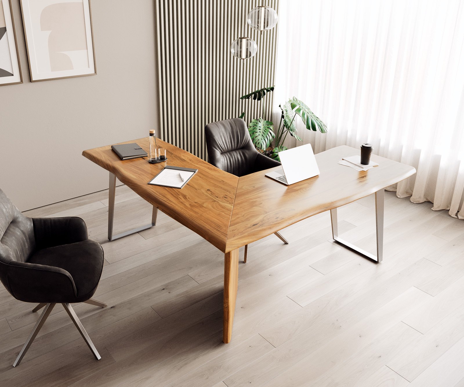 Písací stôl Live-Edge 170x170 akácia prírodná podstava strieborná hrana - Image 5