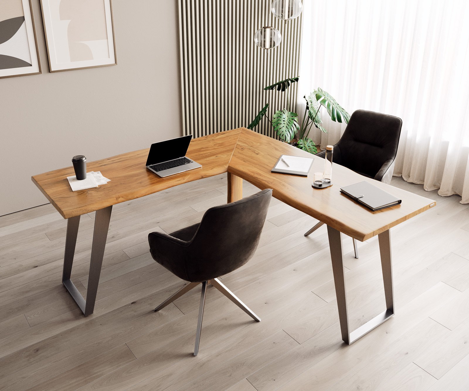 Písací stôl Live-Edge 170x170 akácia prírodná podstava strieborná hrana - Image 6