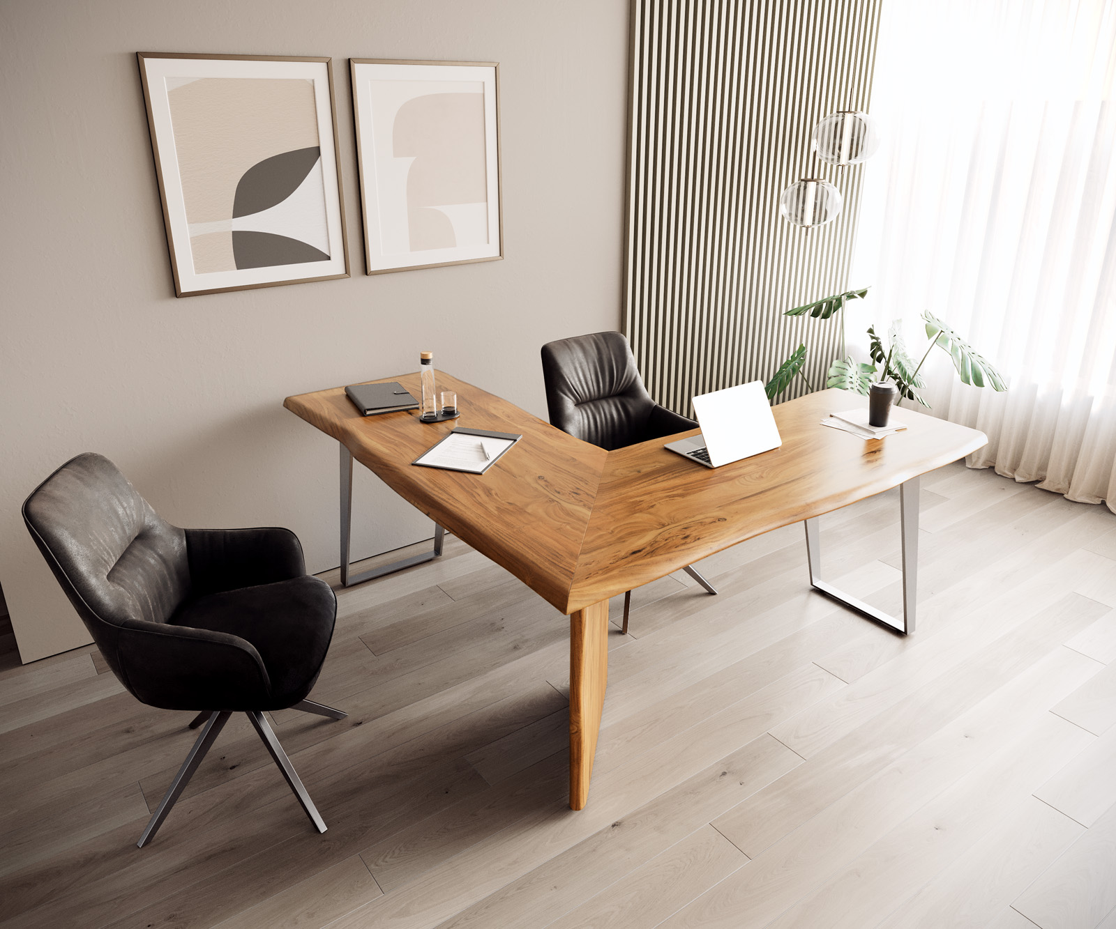 Písací stôl Live-Edge 170x170 akácia prírodná podstava strieborná hrana - Image 7