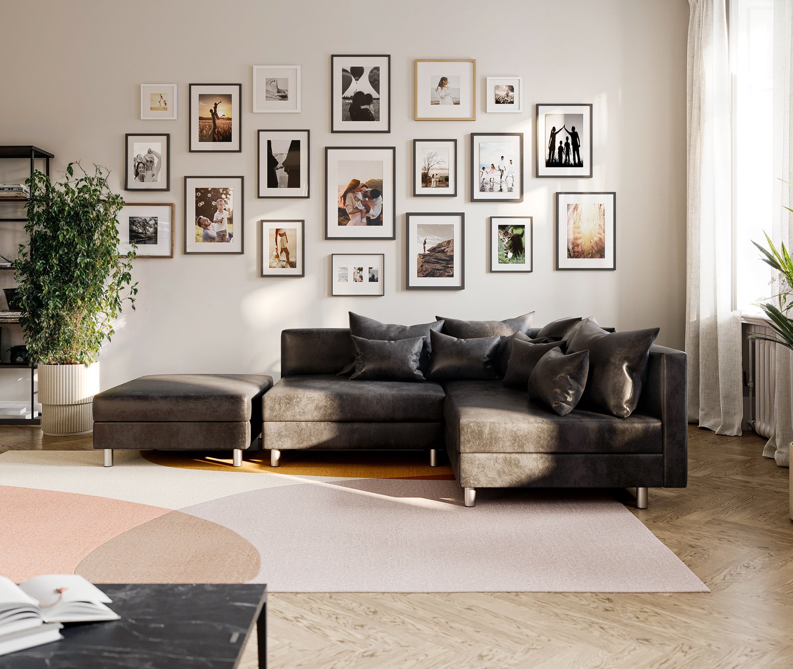 Rohová pohovka Clovis antracitová vintage modulárny taburet ležadlo pravá - Image 4