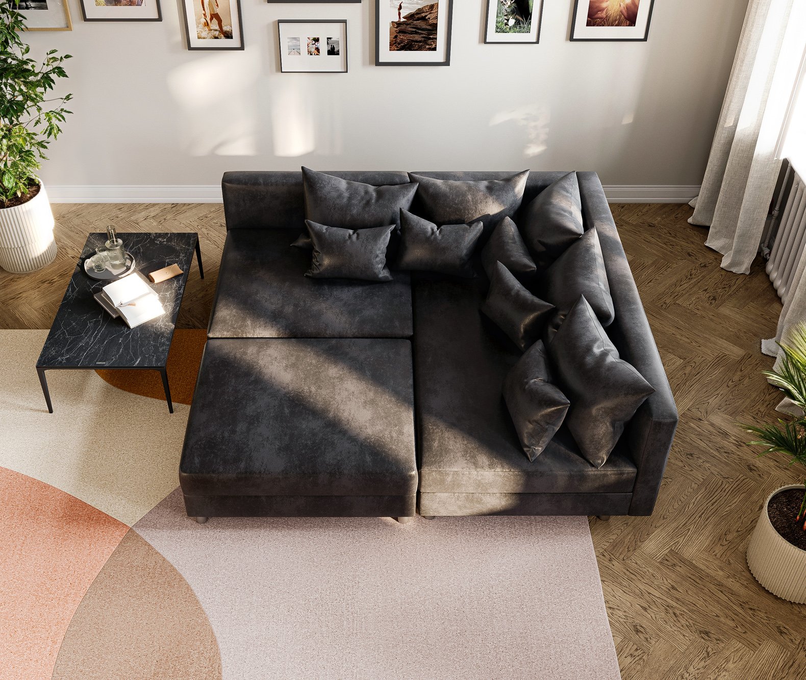 Rohová pohovka Clovis antracitová vintage modulárny taburet ležadlo pravá - Image 6