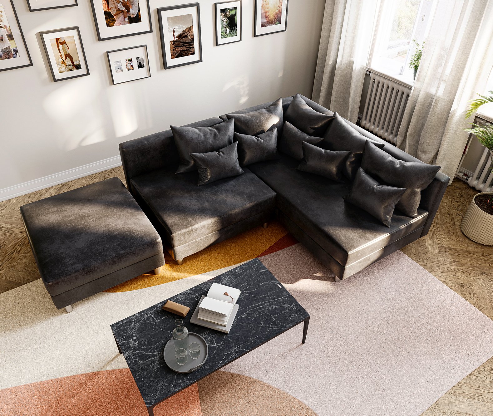 Rohová pohovka Clovis antracitová vintage modulárny taburet ležadlo pravá - Image 5