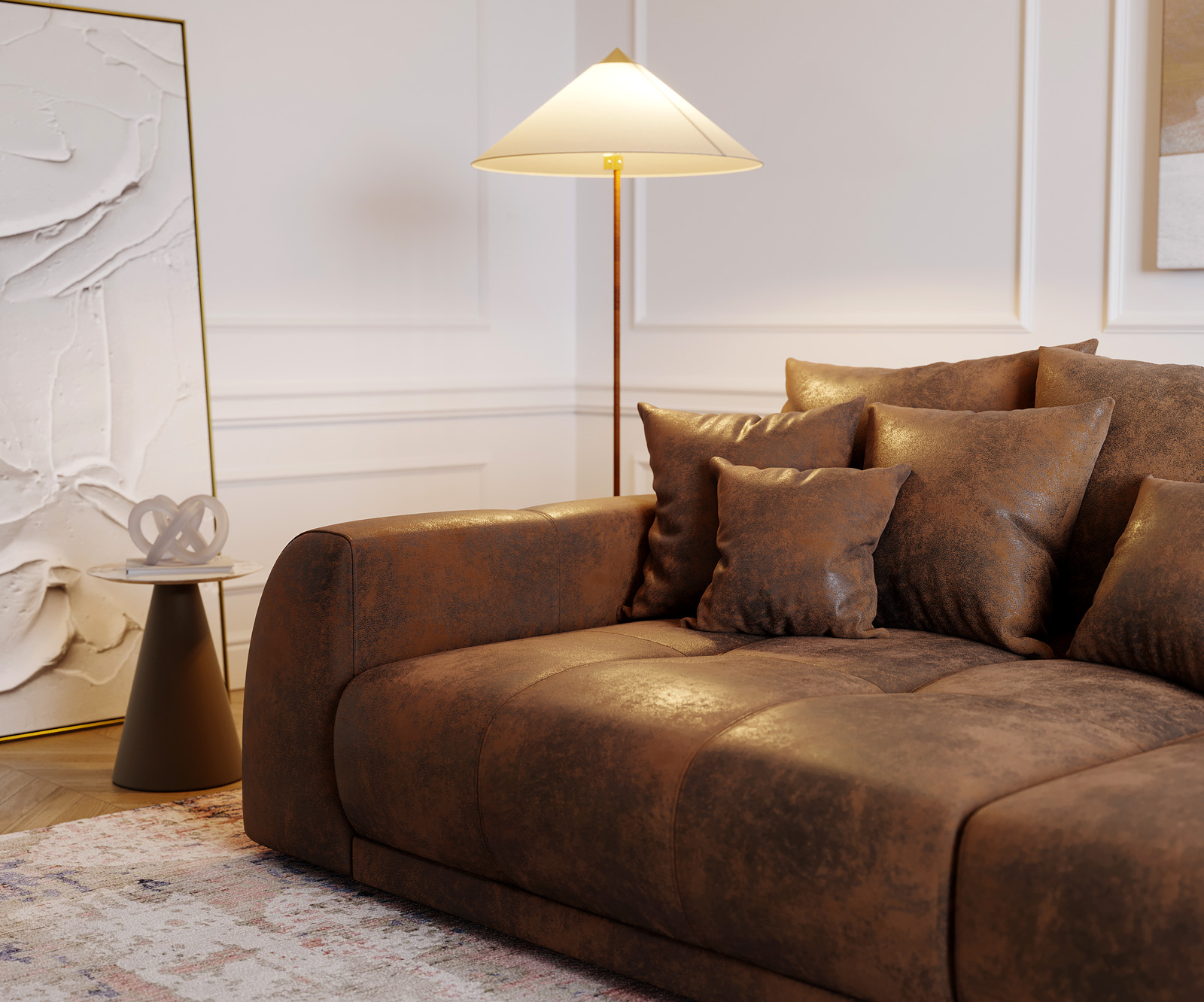 Veľká pohovka Violetta 310x135 cm hnedá vintage vzhľad s vankúšmi - Image 5