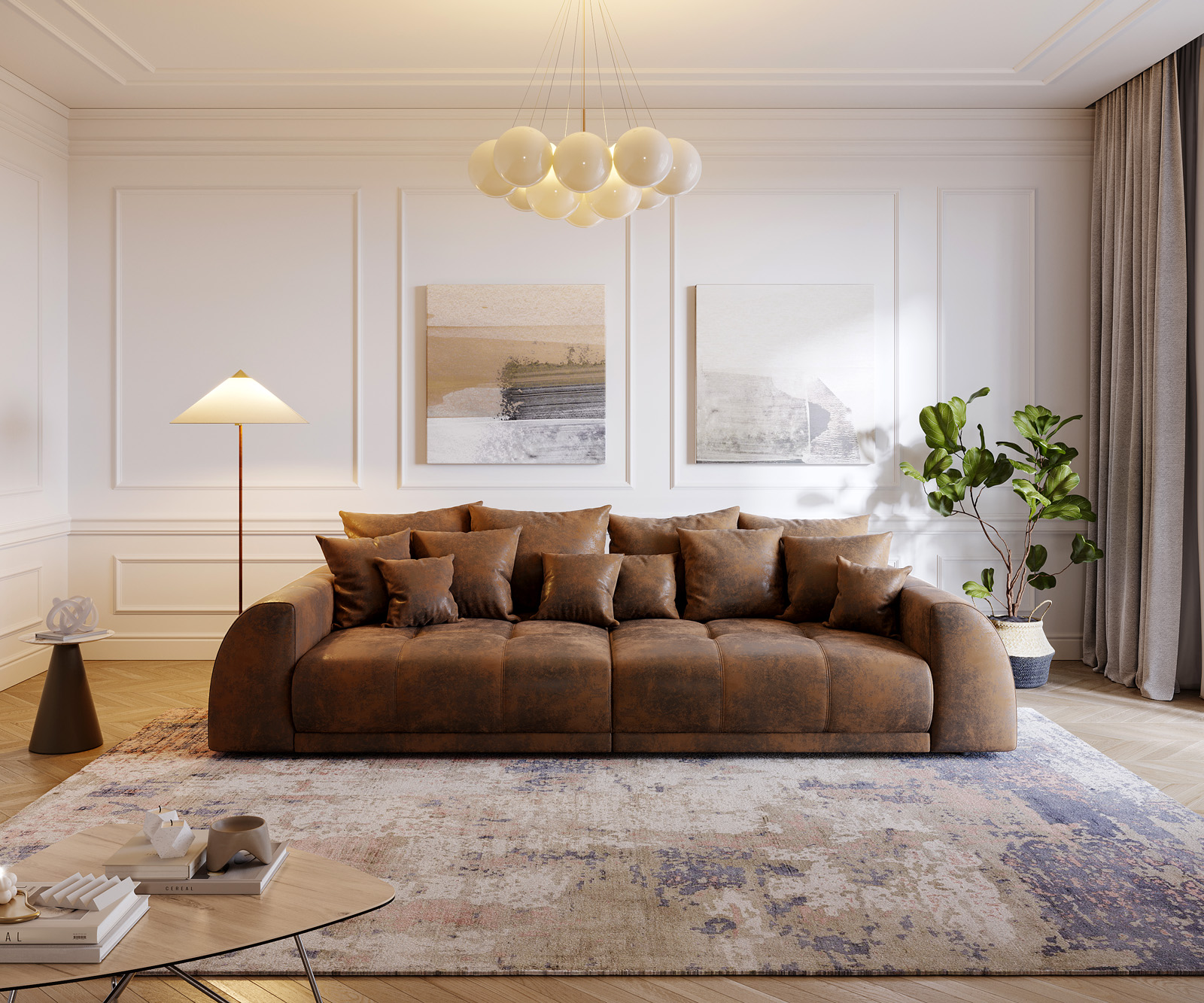 Veľká pohovka Violetta 310x135 cm hnedá vintage vzhľad s vankúšmi - Image 2