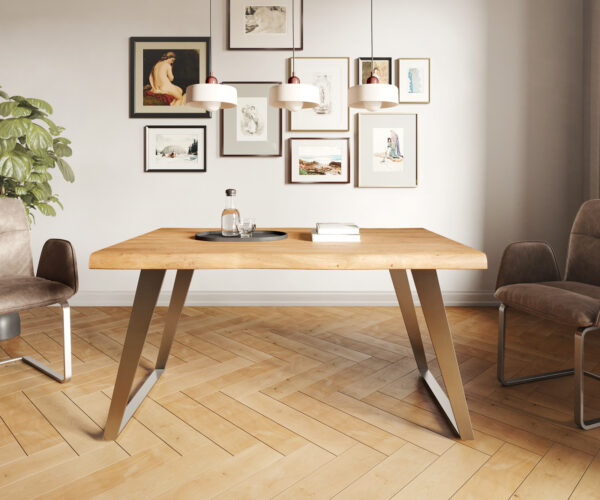 Jedálenský stôl Edge 140x90 XL akácia prírodná nerezová oceľ šikmý Live-Edge - Image 2