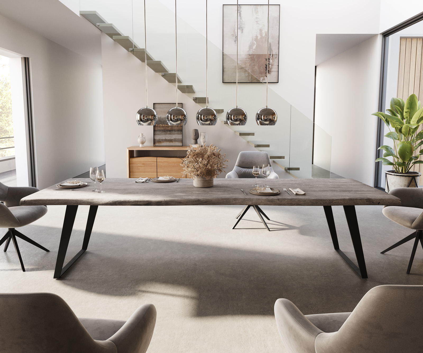 Jedálenský stôl Edge 300x100 XL akácia platinová kov šikmý Live-Edge - Image 2