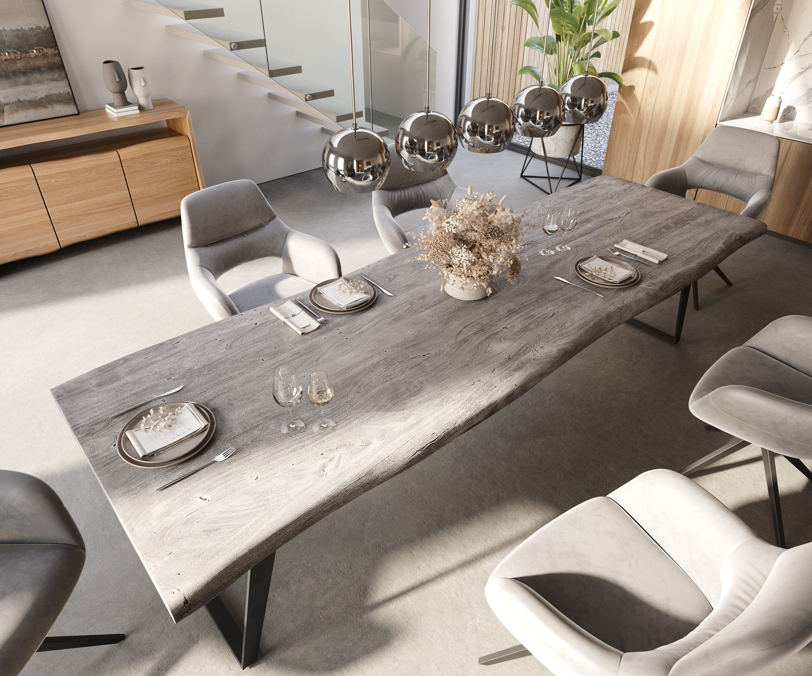 Jedálenský stôl Edge 300x100 XL akácia platinová kov šikmý Live-Edge - Image 4