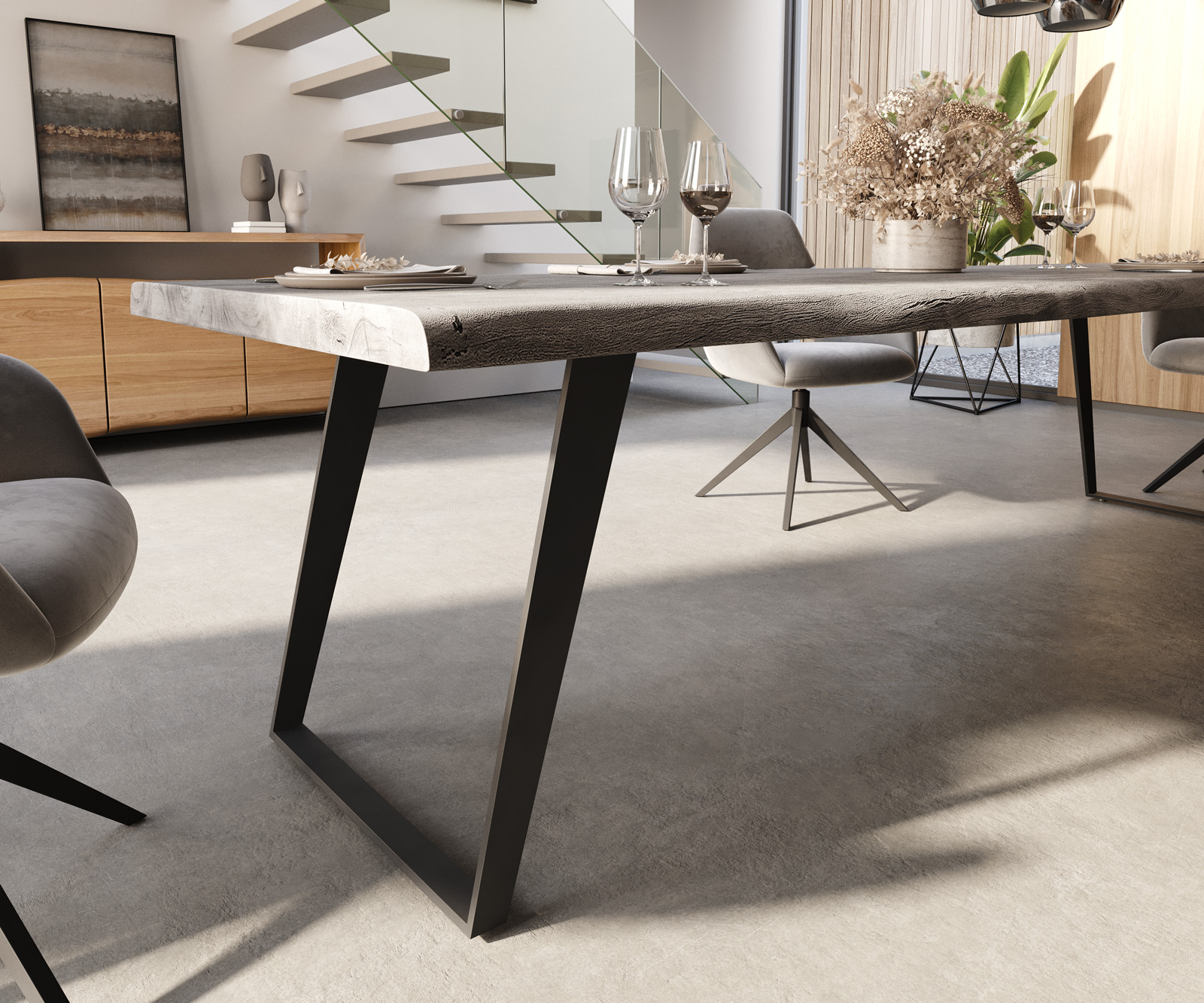 Jedálenský stôl Edge 300x100 XL akácia platinová kov šikmý Live-Edge - Image 5