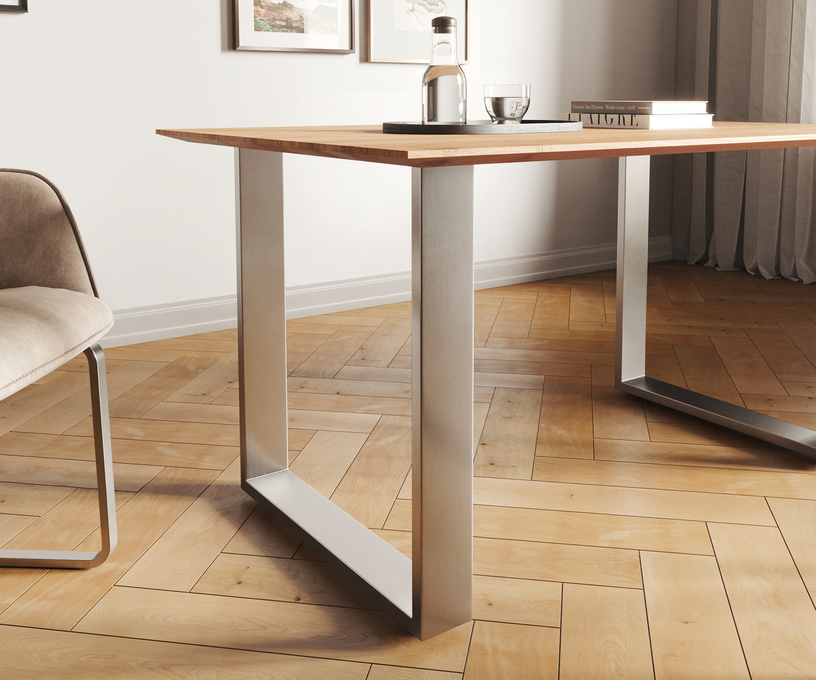 Jedálenský stôl Edge 140x90 akácia prírodná nerezová oceľ úzky švajčiarska hrana - Image 5