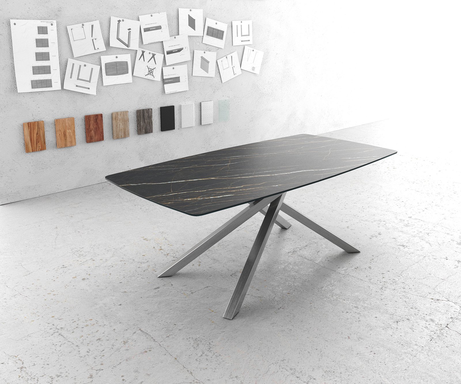 Jedálenský stôl Edge oválny tvar 200x100 cm Laminam® keramika Noir Desir hnedá krížová podstava nerezová oceľ hranatý