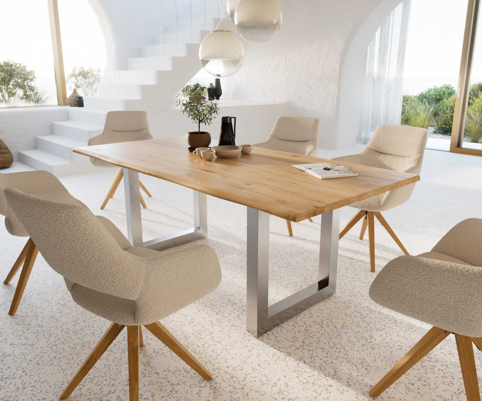 Jedálenský stôl Edge 200x100x2,5 cm dub prírodný nerezová oceľ široký Live-Edge - Image 9