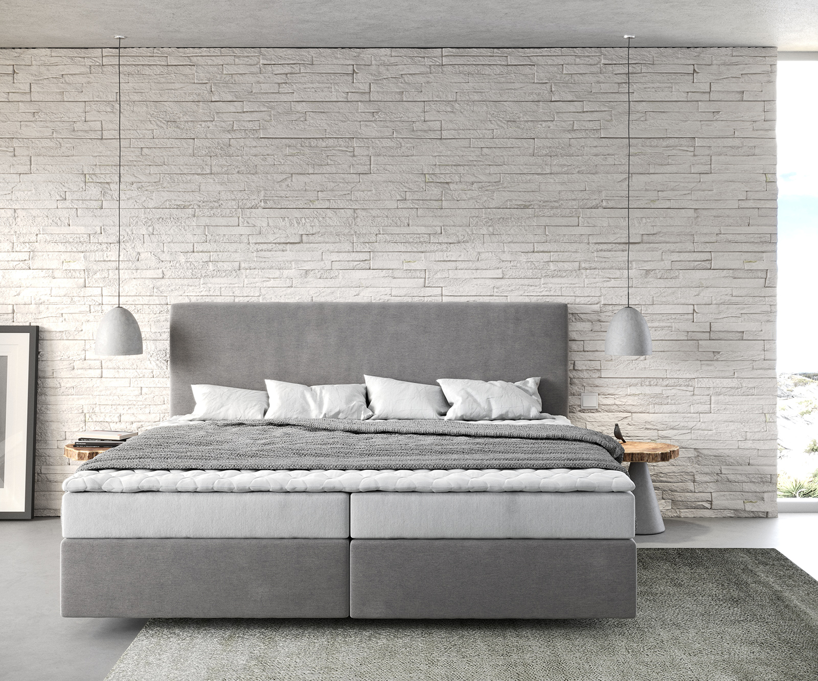 Boxspring posteľ Dream-Well mikrovlákno sivá 200x200 cm bonellový matrac PU-topper - Image 2