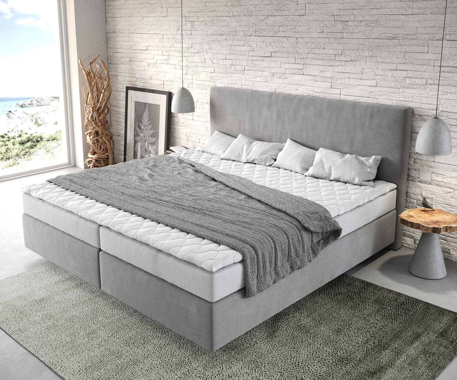 Boxspring posteľ Dream-Well mikrovlákno sivá 200x200 cm bonellový matrac PU-topper - Image 4