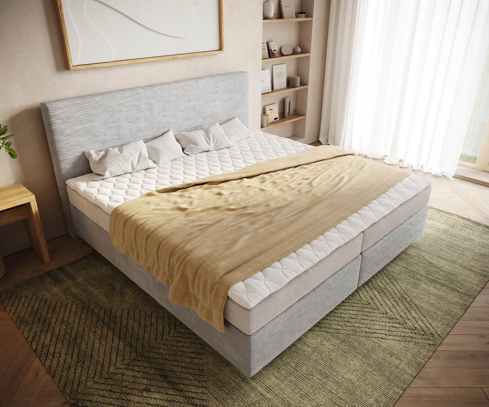 Boxspring posteľ Dream-Well plyšový manšester strieborno sivá 200x200 cm bonellový matrac PU-topper - Image 4