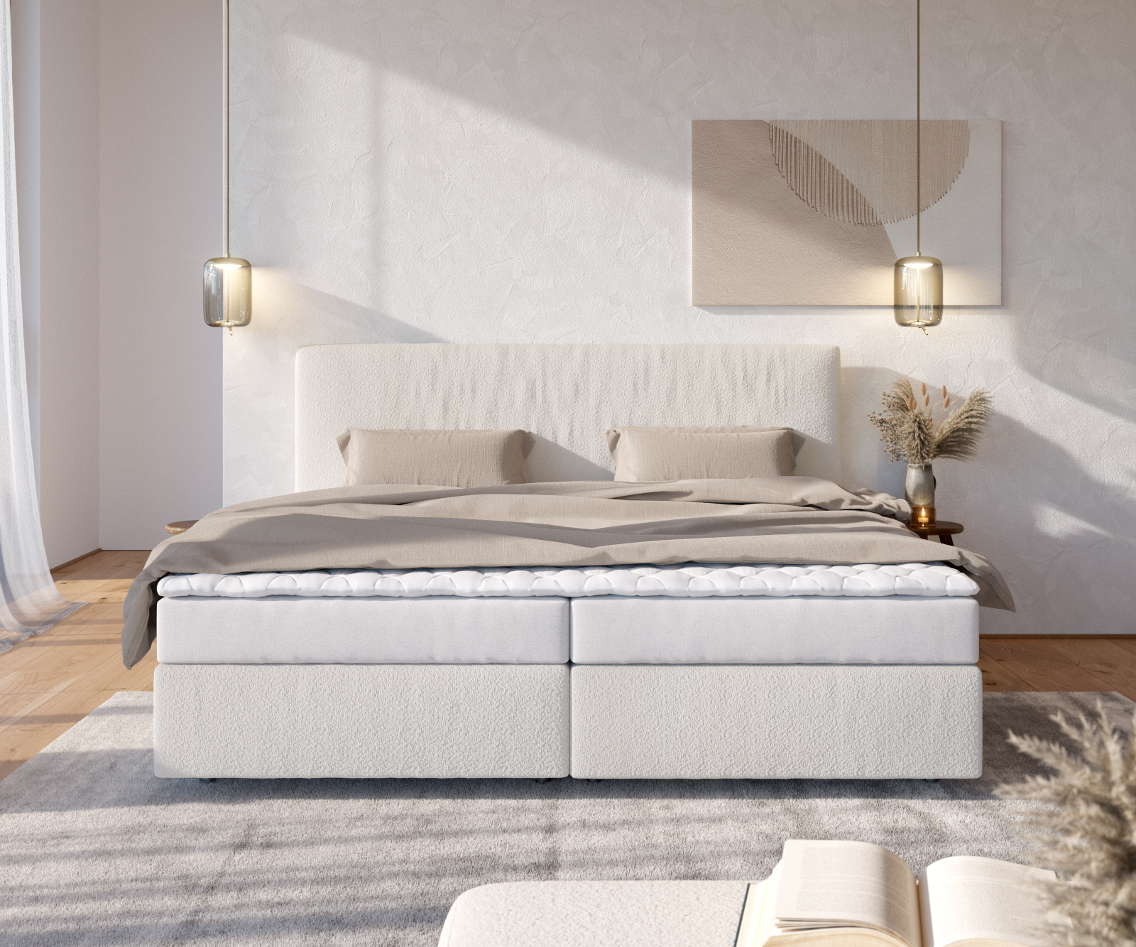 Boxspring posteľ Dream-Well bouclé krémovo biela 200x200 cm bonellový matrac PU-topper - Image 2