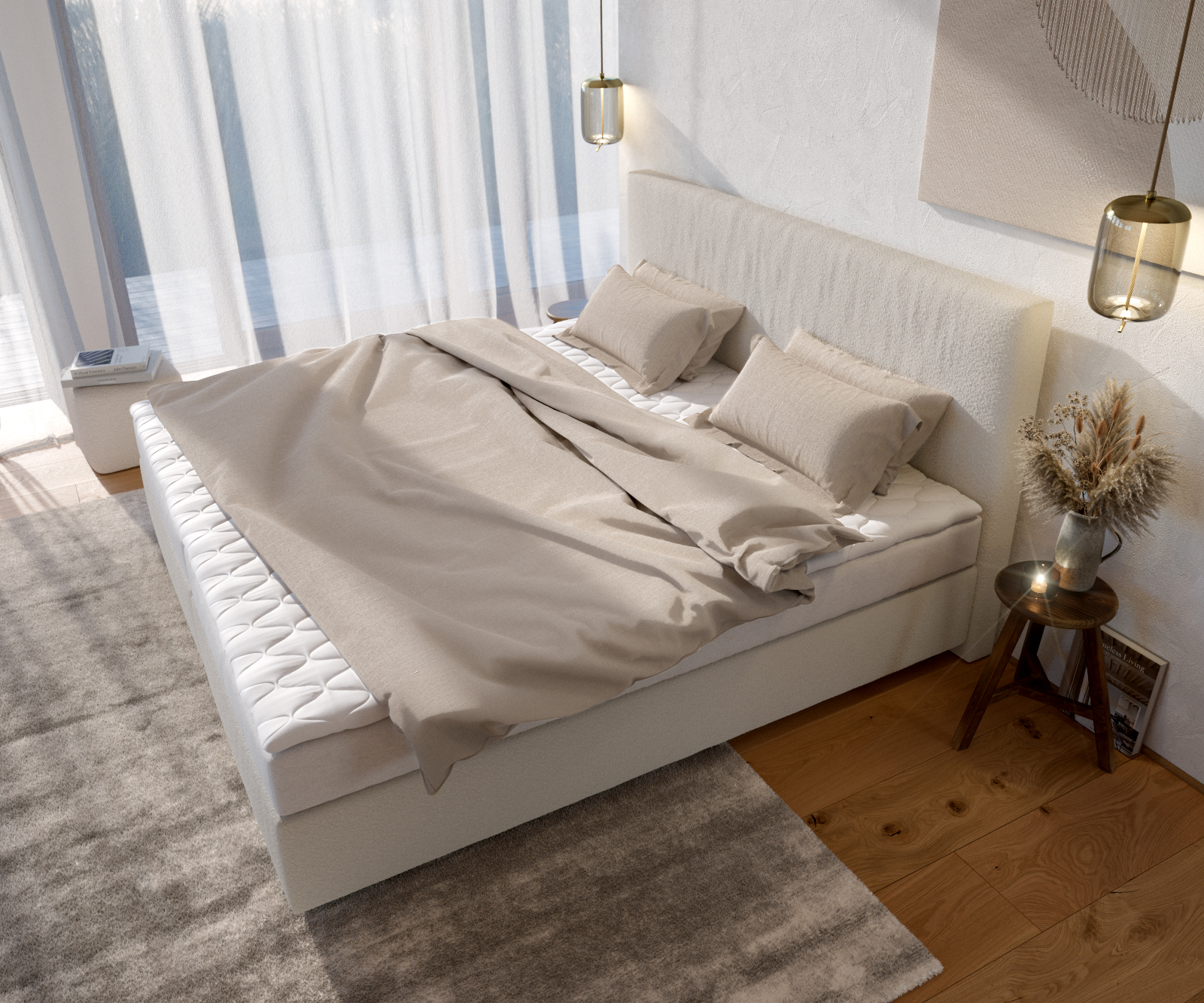Boxspring posteľ Dream-Well bouclé krémovo biela 200x200 cm bonellový matrac PU-topper - Image 4