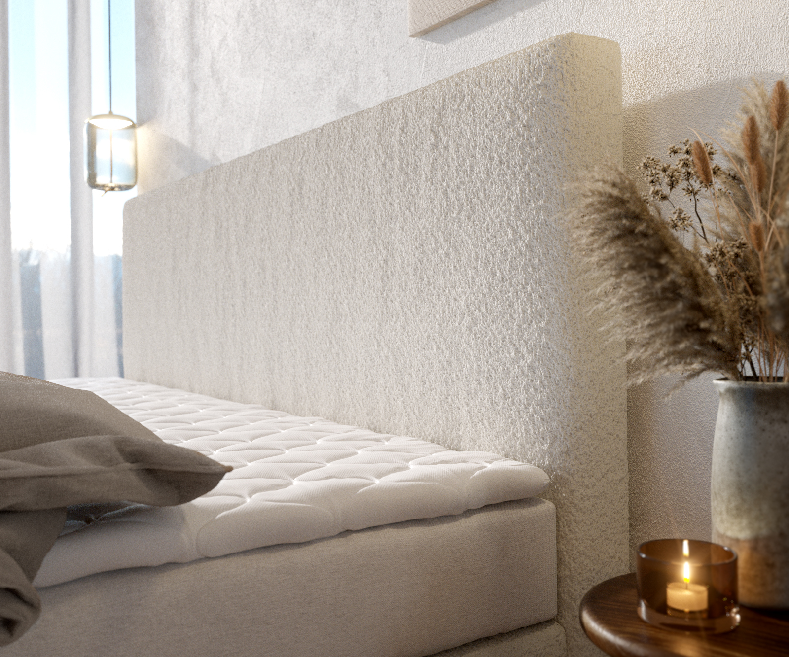 Boxspring posteľ Dream-Well bouclé krémovo biela 200x200 cm bonellový matrac PU-topper - Image 5