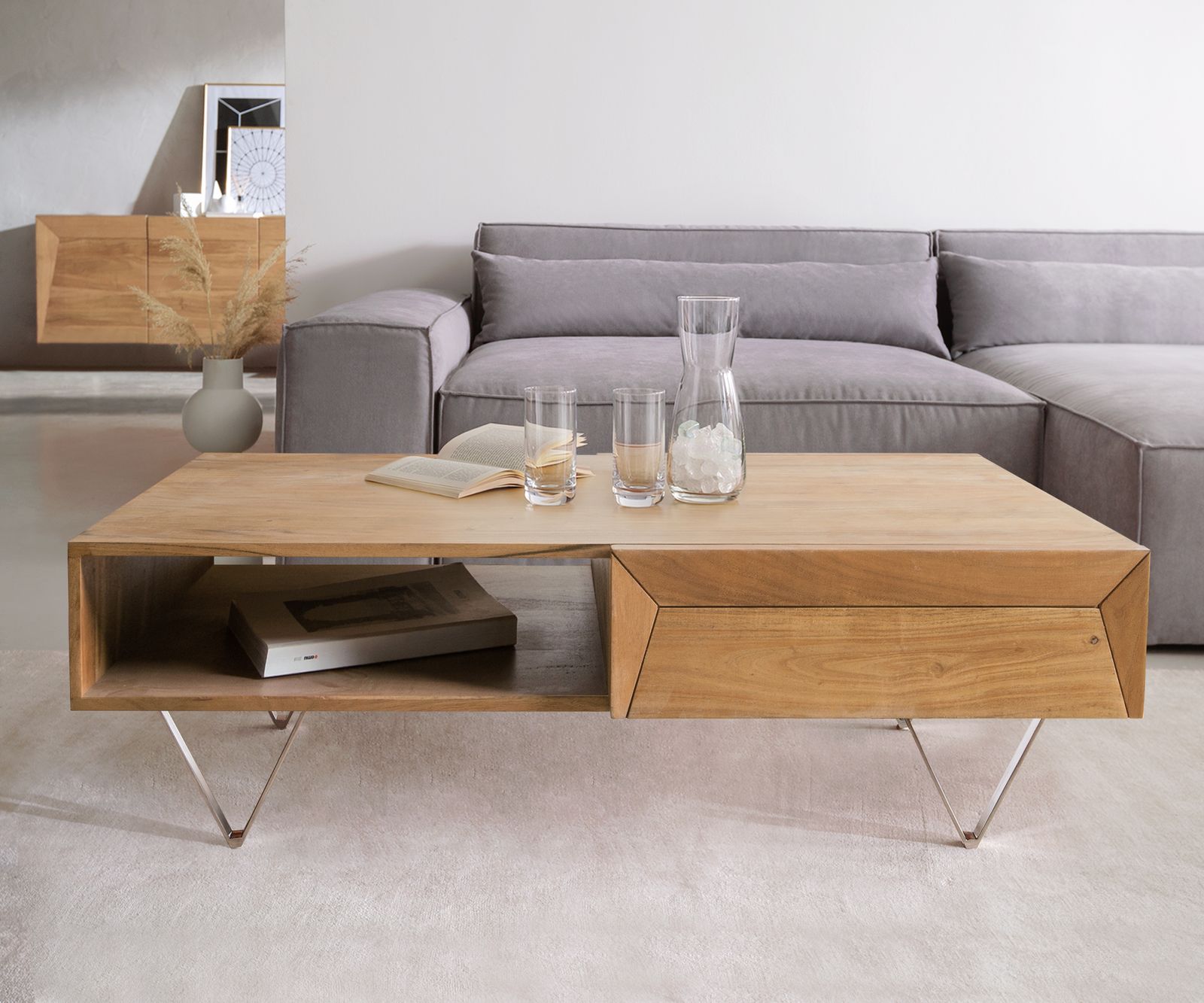 Konferenčný stolík Kayu 115x60 cm akácia prírodná 2 zásuvky podstava v tvare V nerezová oceľ - Image 2