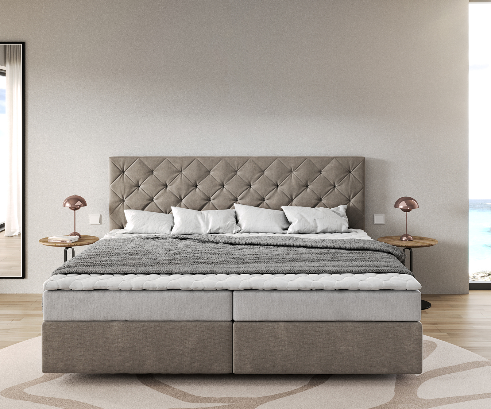 Boxspring posteľ Dream-Great mikrovlákno béžová 200x200 cm bonellový matrac PU-topper - Image 2