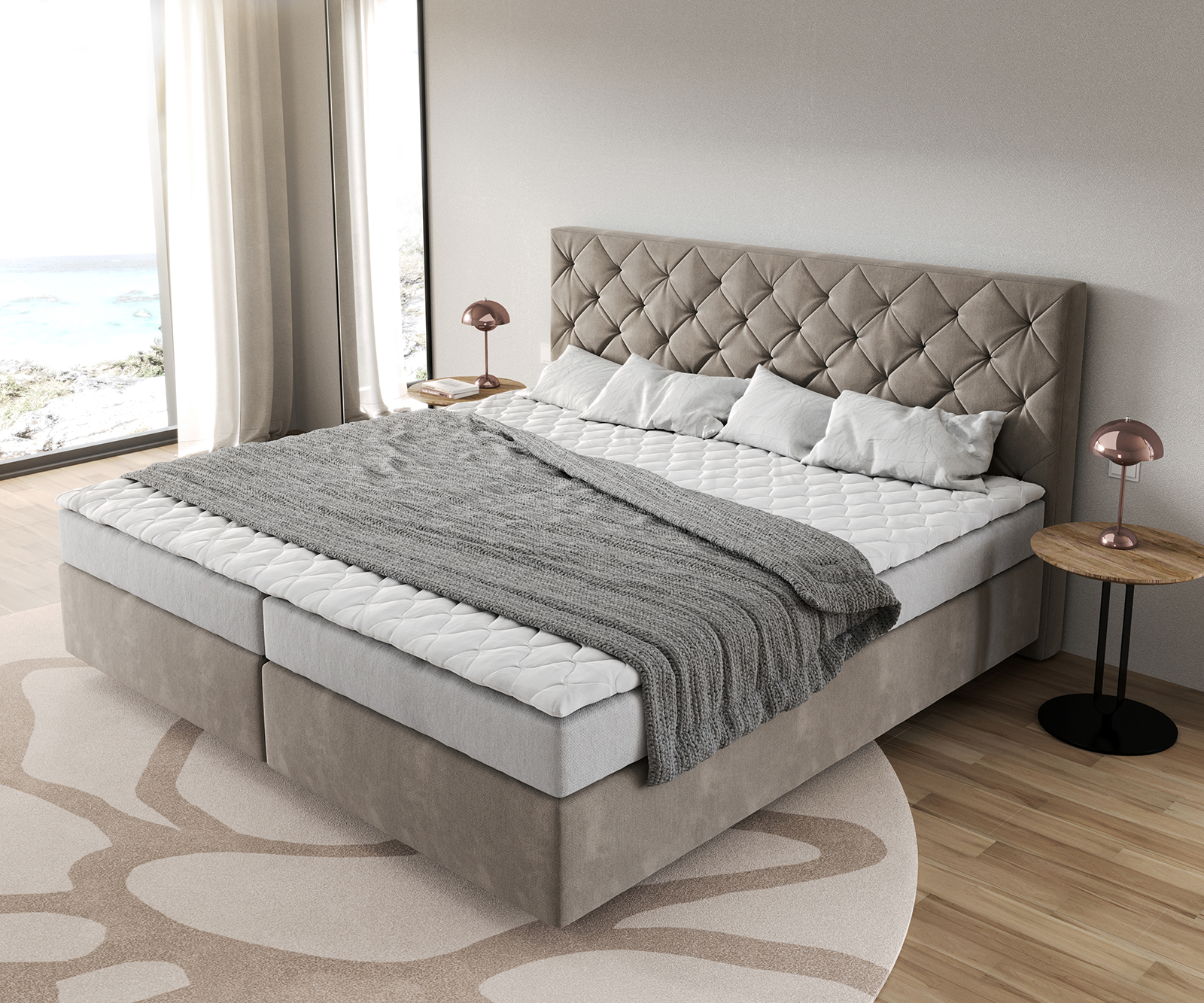 Boxspring posteľ Dream-Great mikrovlákno béžová 200x200 cm bonellový matrac PU-topper - Image 4