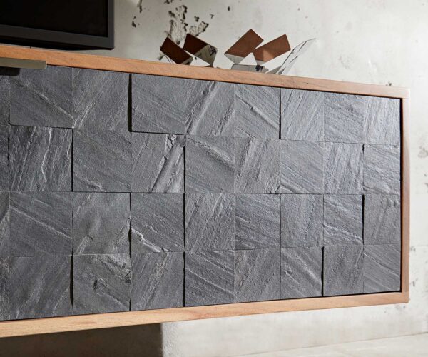 TV stolík Teele 200 cm akácia prírodná bridlica 2 dvierka závesný - Image 8