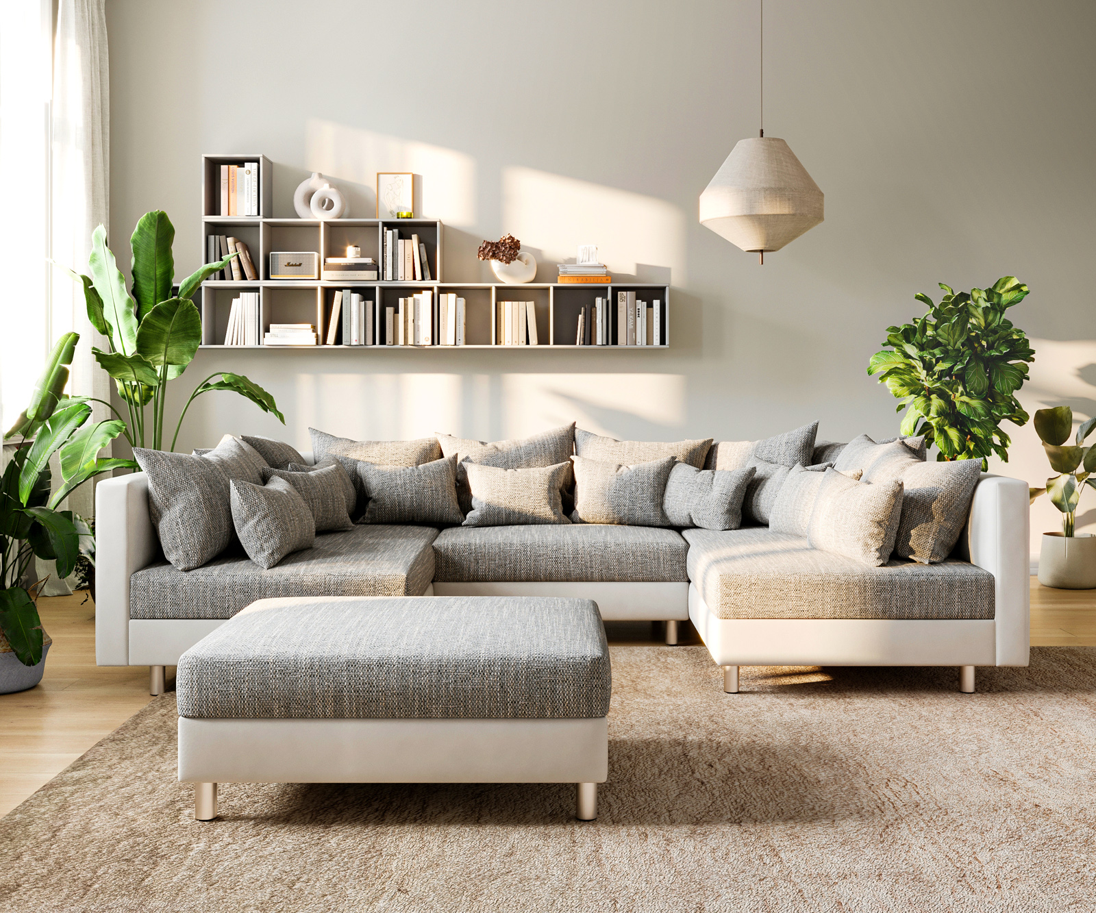 Pohovka v tvare U Clovis biela svetlosivá modulárna pohovka taburet - Image 2