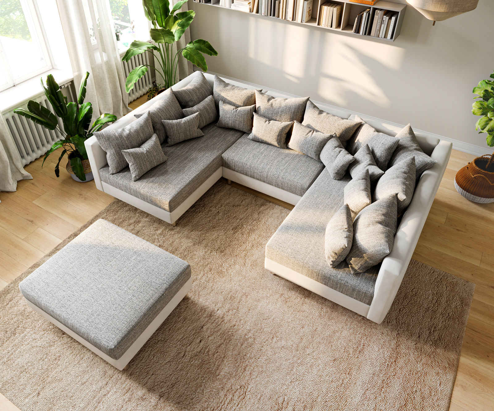 Pohovka v tvare U Clovis biela svetlosivá modulárna pohovka taburet - Image 4