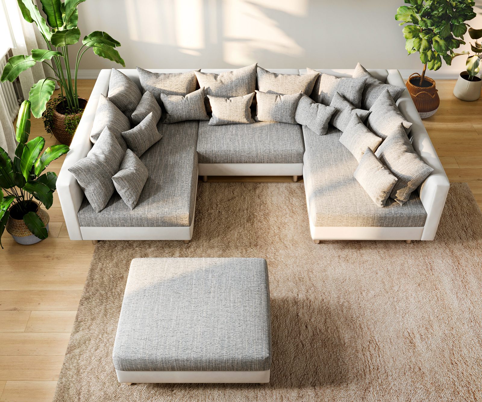 Pohovka v tvare U Clovis biela svetlosivá modulárna pohovka taburet - Image 5