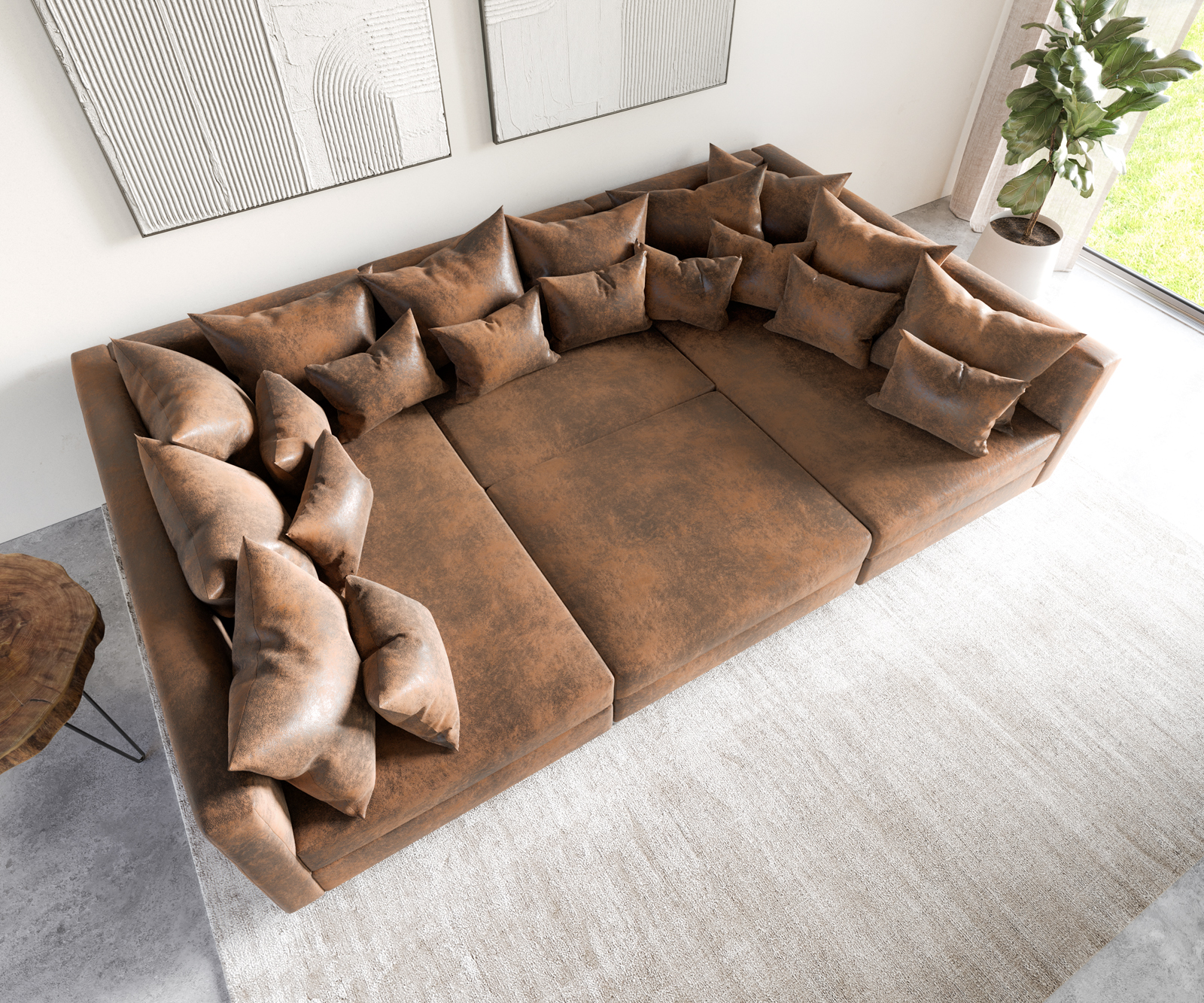 Pohovka v tvare U Clovis hnedá vintage vzhľad modulárna taburet - Image 5