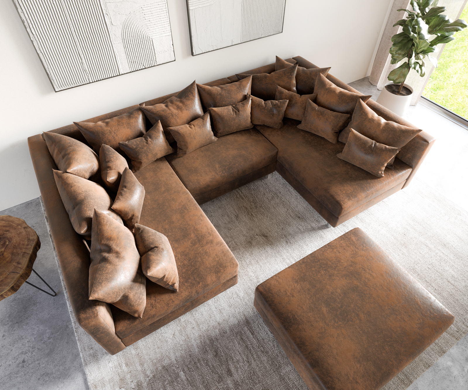 Pohovka v tvare U Clovis hnedá vintage vzhľad modulárna taburet - Image 4