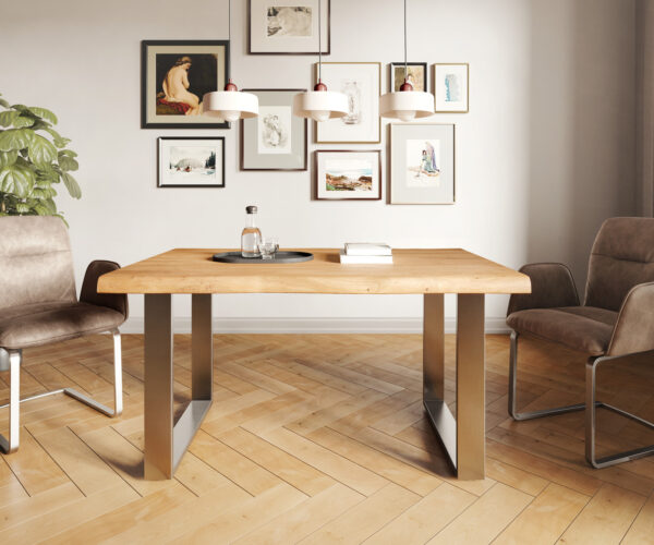 Jedálenský stôl Edge 140x90 XL akácia prírodná nerezová oceľ úzky Live-Edge - Image 2