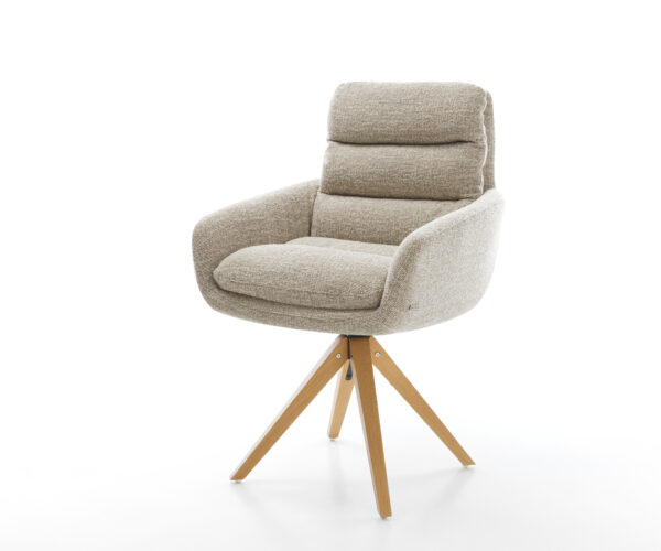 Jedálenská stolička Abelia-Flex s opierkami tkanina mäkká béžová drevená podstava hranatá prírodná 180° otočný