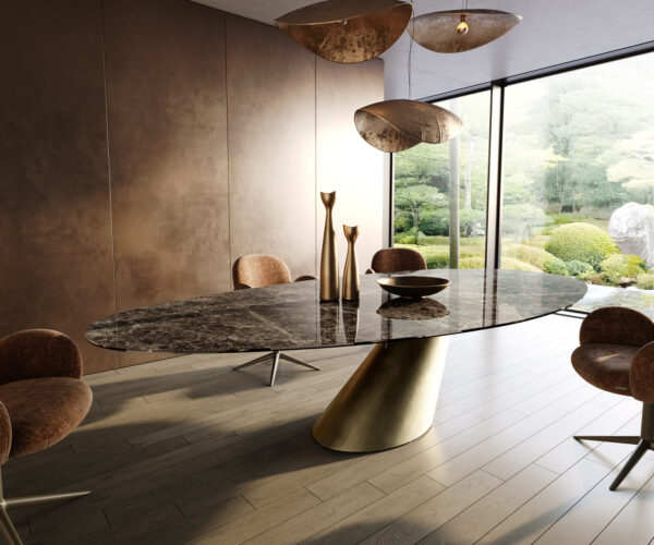 Jedálenský stôl Edge oválny 315×150 cm keramika emperador extra lucidato tmavohnedá kužeľ metalická zlatá