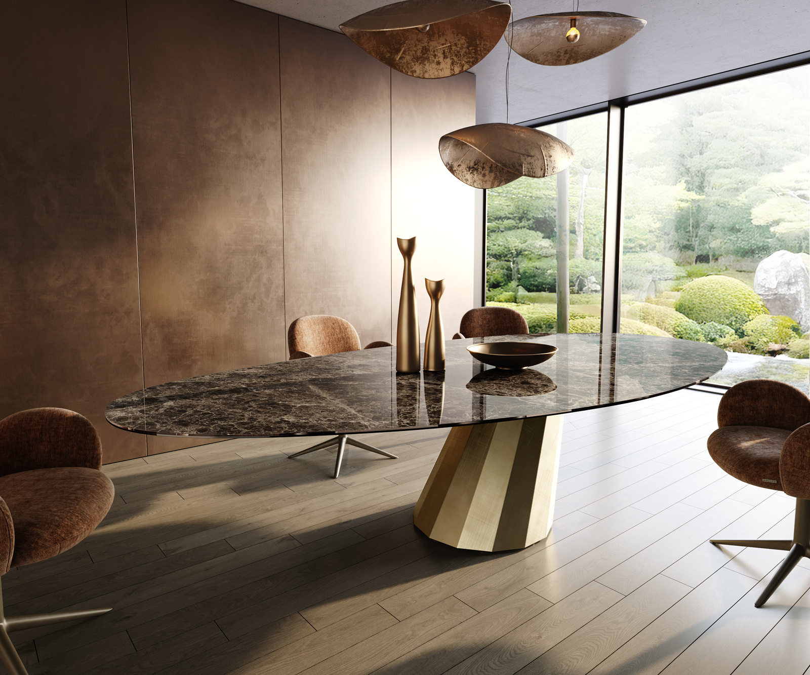 Jedálenský stôl Edge oválny 315×150 cm keramika emperador extra lucidato tmavohnedá parabolický metalická zlatá
