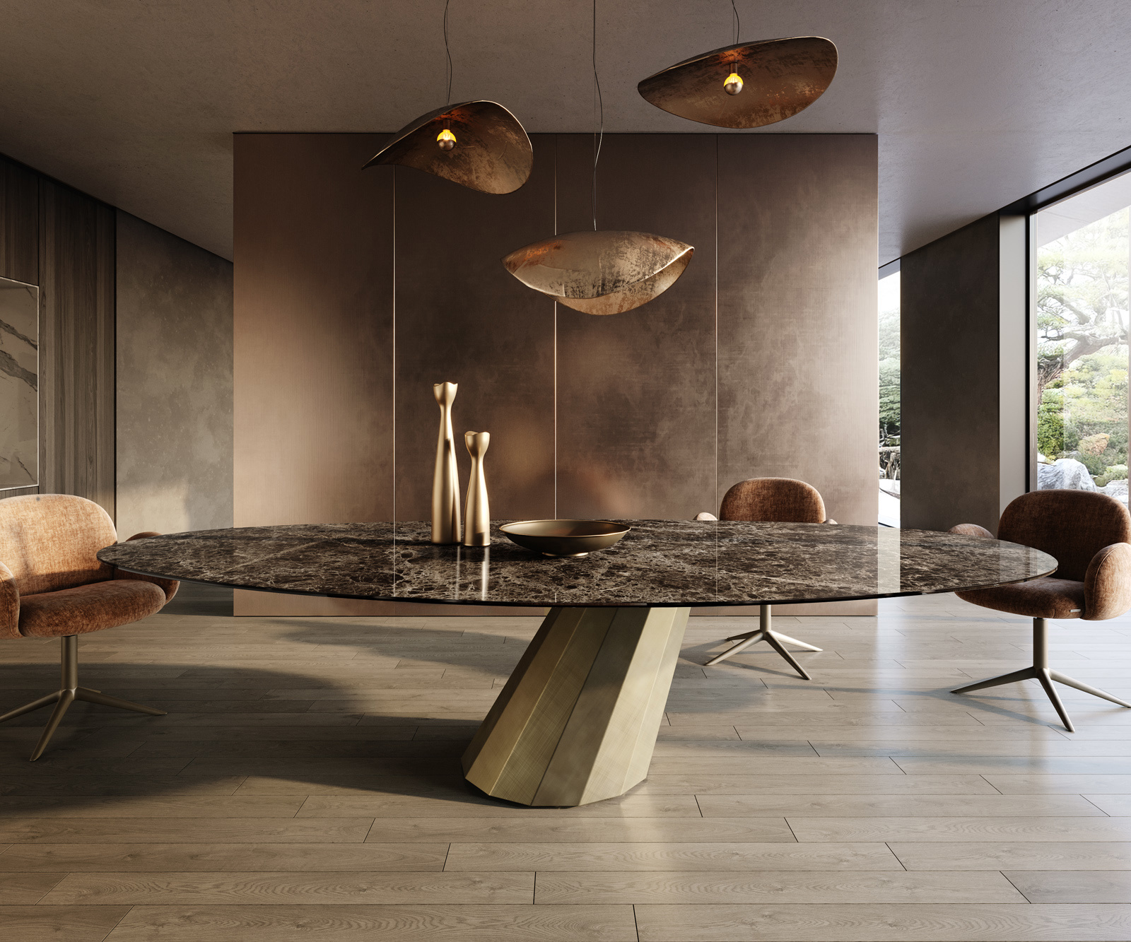 Jedálenský stôl Edge oválny 315×150 cm keramika emperador extra lucidato tmavohnedá parabolický metalická zlatá - Image 2