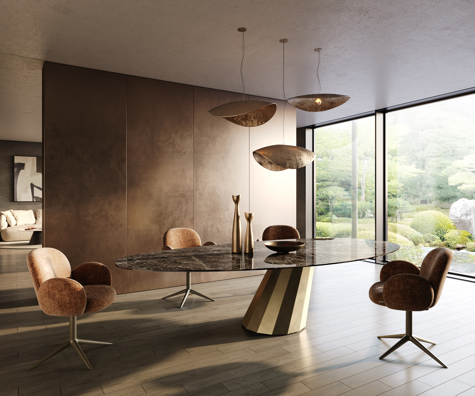 Jedálenský stôl Edge oválny 315×150 cm keramika emperador extra lucidato tmavohnedá parabolický metalická zlatá - Image 6