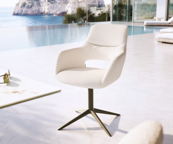 Záhradná jedálenská stolička Yago-Flex s opierkami Bouclé biela podstava krížová titánová farba otočný 360° hojdacia funkcia