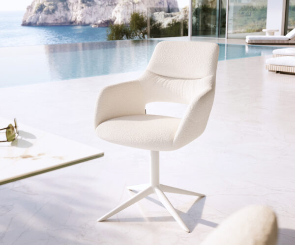 Jedálenská stolička Yago-Flex s opierkami bouclé biela podstava biela 360° otočný hojdacia funkcia