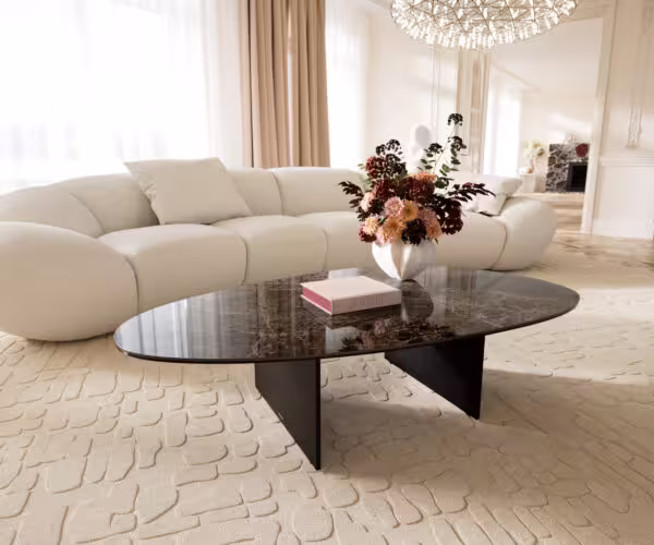 Konferenčný stolík Edge oválny 140×75 cm keramika Emperador Extra Lucidato tmavohnedá Salto kov čierna